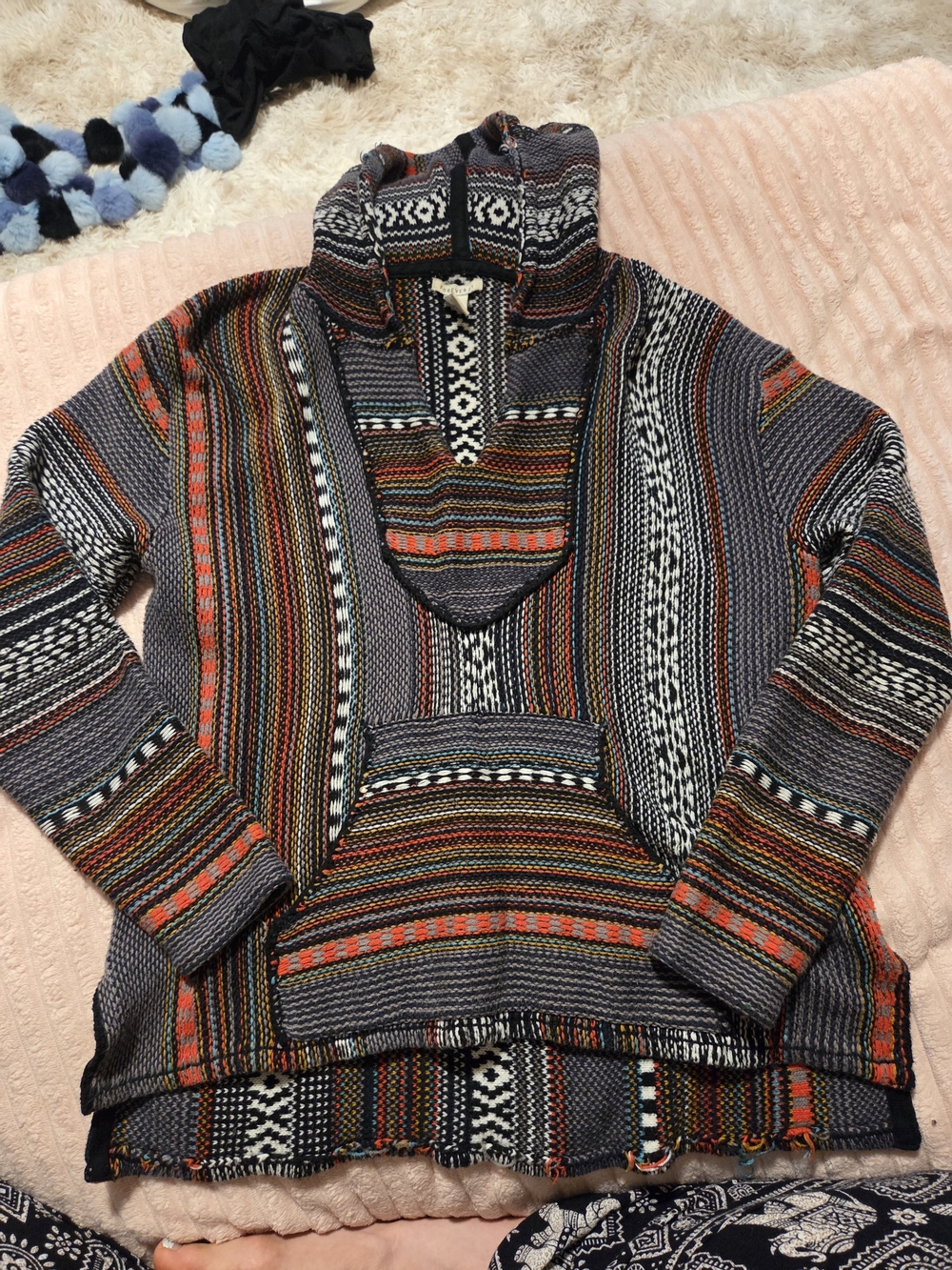 Forever 21 Multicolor Striped Baja Pull Over Hoodie - Gray/Orange/Red